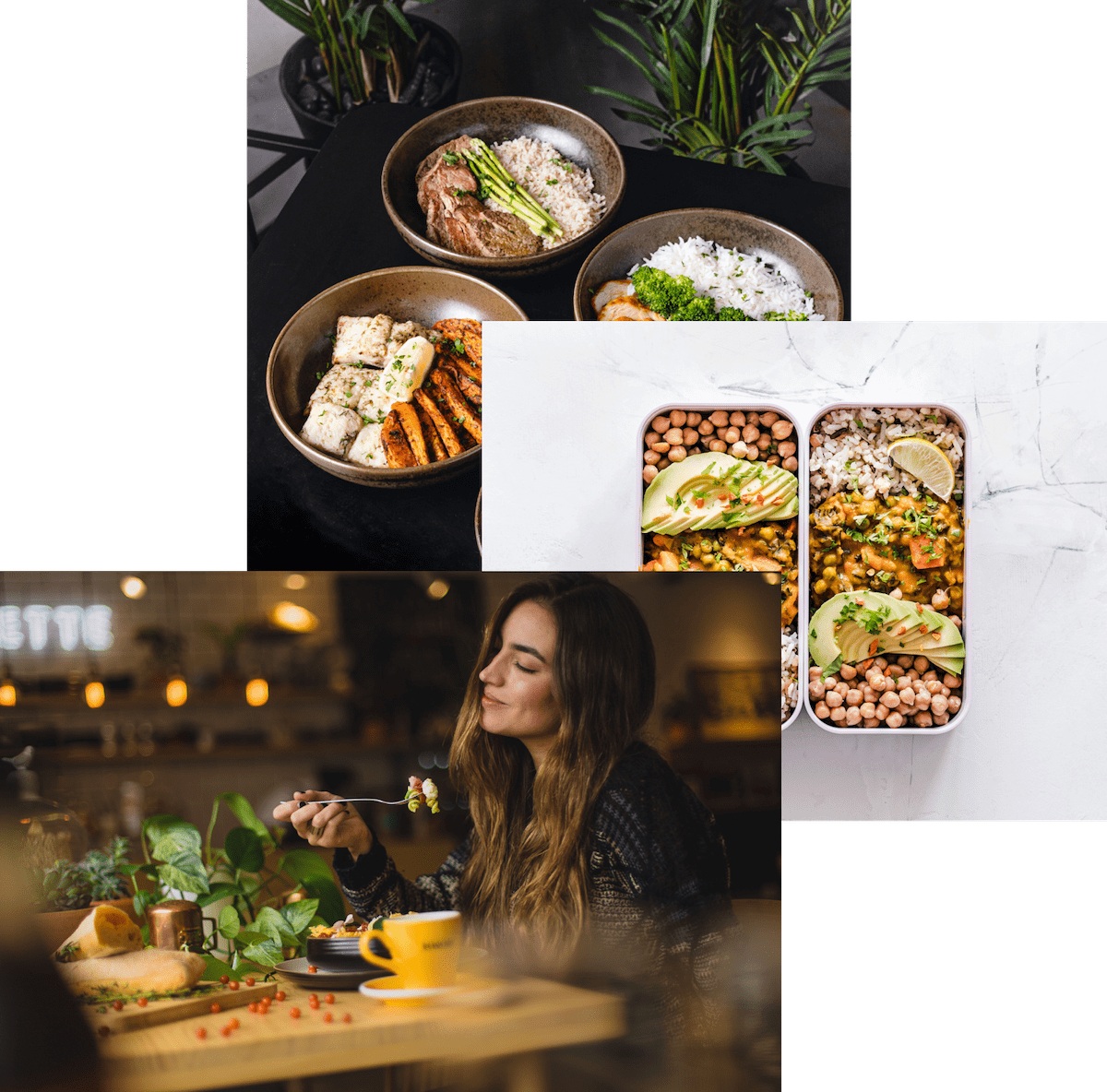 Woman enjoying food, meal in storage container, and food bowls on a table